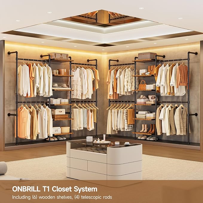 T1 Wall Mounted Closet System, Industrial Pipe Clothing Rack with 6 Wooden Shelves & 4 Telescopic Rods, Heavy Duty Closet Organizers and Storage in Wardrobe Closet (Rustic Brown)