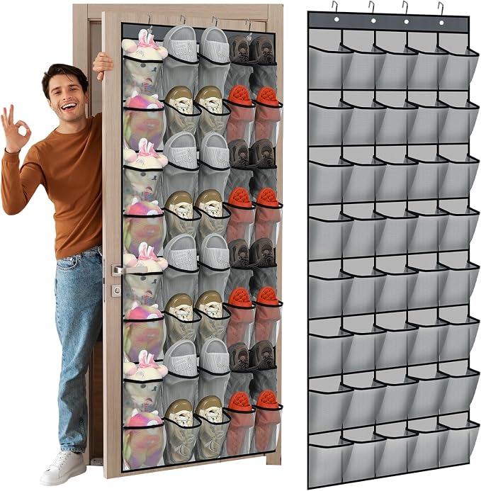 Windyun 2 Pcs 40 Pocket Over The Door Shoe Organizer Large Breathable Mesh Hanging Shoe Rack for Closet Space Saving Shoes Storage Holder Hanger for Dorm Room Bathroom Bedroom Entryway (Gray)