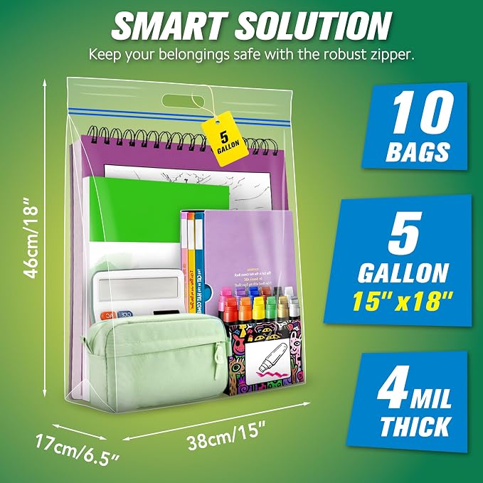 HIBAG 5 Gallon Large Storage Bags, 15” x 18” Resealable Clear Bags with Handle, Extra Large XL Heavy Duty for Clothes Pillow Travel Moving, Pack of 10