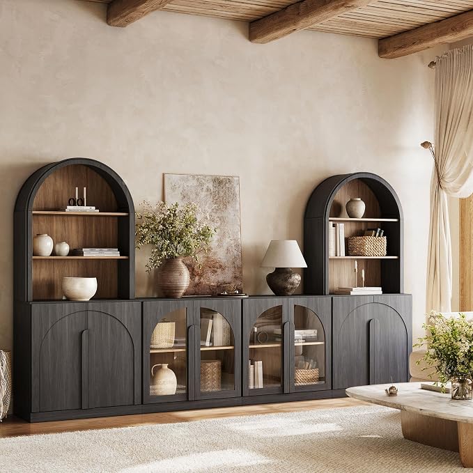 BELLEZE 4 Piece TV Stand Storage Set, Modern 2 Tall Entertainment Center with Storage Towers and 2 Wood Side Cabinets, Large Farmhouse Media Console for Living Room, Ebony