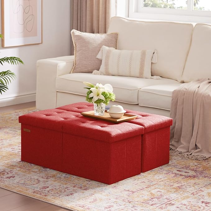 HAUSFRAU Ottoman with Storage Bench Folding Foot Rest Stool Linen Red | 31.5", Flip Lid, Small Upholstered Foldable Footrest Footstool, Bedroom Bench, Living Room Dorm Ottoman, Rectangle