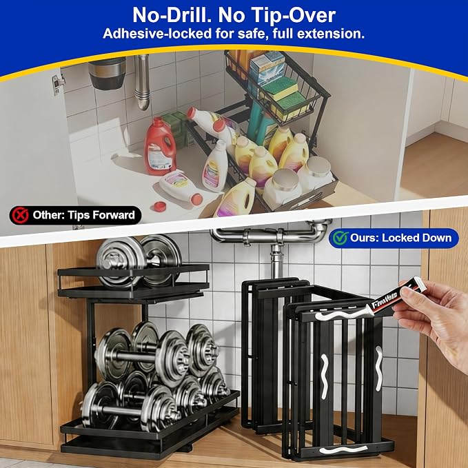 2 Pack Under Sink Organizer, 2-Tier Metal Shelf, Black | Carbon steel 2-tier set, ball-bearing slides, adjustable height, no-drill setup, for kitchen and bathroom cabinets