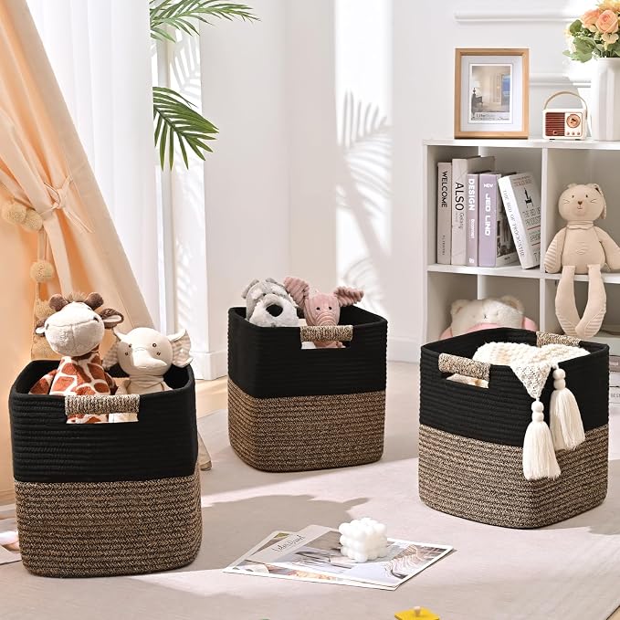 12 Inch Storage Cubes, 3 Pack Cube Storage Bins for Organizing, Cotton Rope Woven Baskets for Shelves, Bathroom, Kids Room, Closets, Baby Nursery