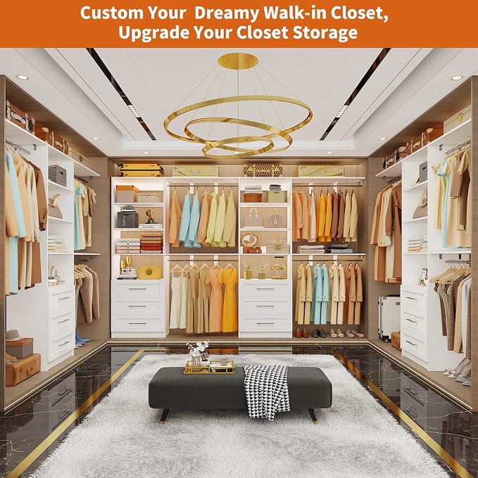 Closet System with Drawers, 5-7.61FT Closet Organizer System with Cuttable Shelves & 3 Expandable Hanging Rods, 96” Walk in Closet Organizer Storage System, Modular Closet Systems Adjustable, White