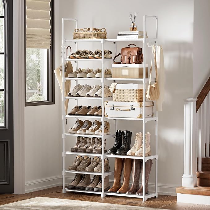 WOWLIVE 9 Tier 2-Column Shoe Rack, 30-35 Pairs Stackable White | Compact 33.75in long fits narrow spaces. Removable layers for boots/heels. Split design for flexible layout.