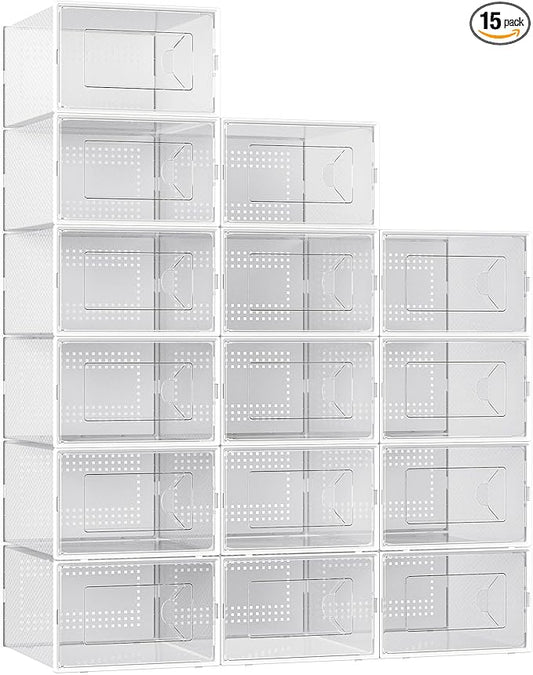 Foluck X-Large Shoe Storage Box, 15 Pack Clear Plastic Stackable Shoe Organizer for Closet, Interlocking Design Shoe Container Bins for Sneakers, Foldable Shoe Rack with Lids, White