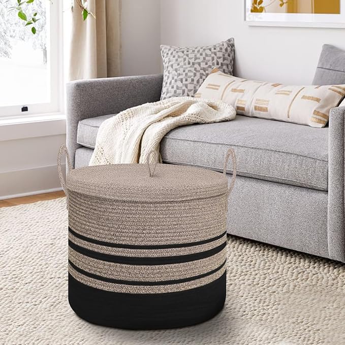 Extra Large Woven Basket with Lid, 18" X 14" Wicker Blanket Storage Basket Living Room, Tall Rope Storage Baskets for Toys, Decorative Kids Toy Bin Box with Cover, Baby Laundry Basket Hamper