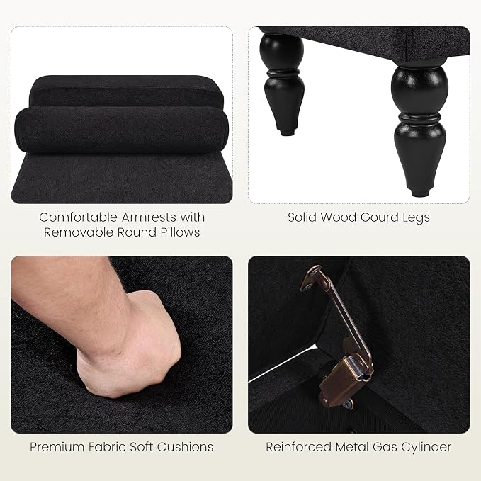 End of Bed Bench for Bedroom, 45.7" Linen Storage Ottoman Bench with Removable Pillows, Upholstered Entryway Bench with Solid Wood Legs, Storage Cabinet for Bedroom, Living Room, Entryway, Black