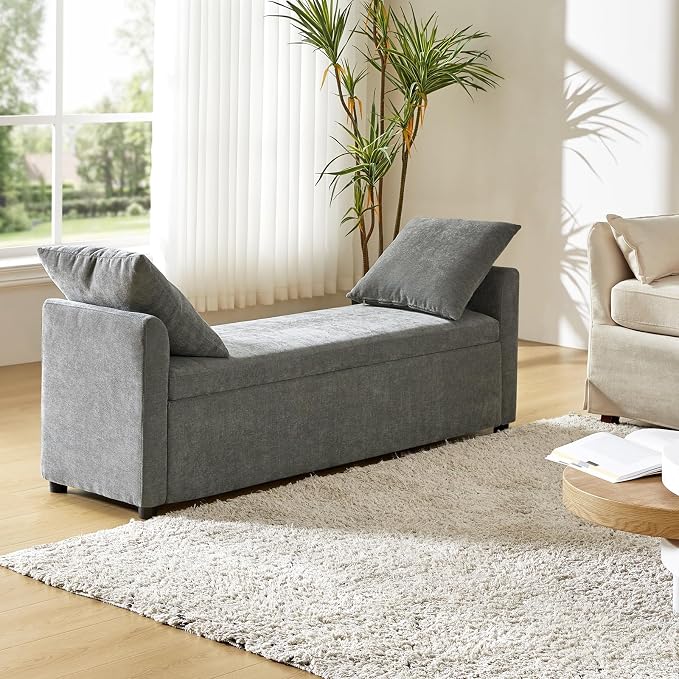 HULALA HOME 59" Storage Bench with 2 Throw Pillows & Armrests, Charcoal | Modern Long Bedroom Bench for End of Bed, Comfy Upholstered Fabric Footstool for Entryway Living Room
