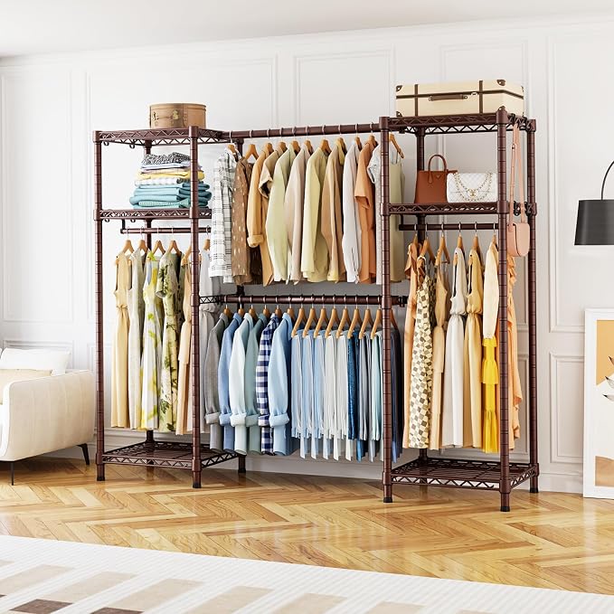 Ulif E7 Heavy Duty Closet Garment Rack, Clothes Storage Organizer System | Metal Freestanding Clothing Racks with 2 Extendable Rods and 6 Shelves, Portable Wardrobe Closets for Holding 838lbs, Bronze