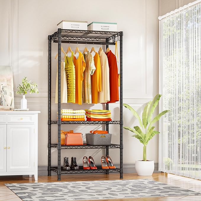 Ulif H4 Mini Portable Closet, 4 Tiers Freestanding Clothing Garment Rack for Small Space, Metal Clothes Wardrobe System for Bedroom, 23.6" W x 14" D x 76.4" H, Load 502 lbs, Black | Metal Clothes Wardrobe System for Apartment, Small Space and Bedroom, ...