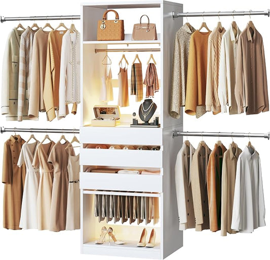 Closet System, 4-8FT Closet Organizer with 3 Wood Drawers & Glass Top, 102'' Walk in Closet with 5 Hang Rods & LED Lights & Trouser Rack, Built-in Wardrobe Clothes Rack with Shelves and Tower, White