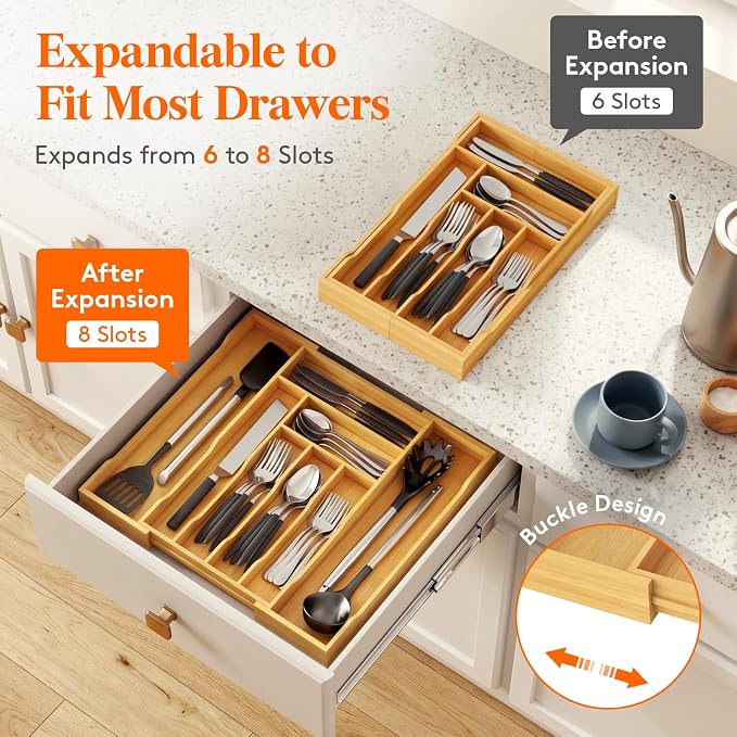 Lifewit Silverware Drawer Organizer, Wooden Utensil Tray for Kitchen | Expandable Flatware and Cutlery Holder, Adjustable Storage for Spoons Forks Knives, 10.2-18.1 x 16.7", Natural