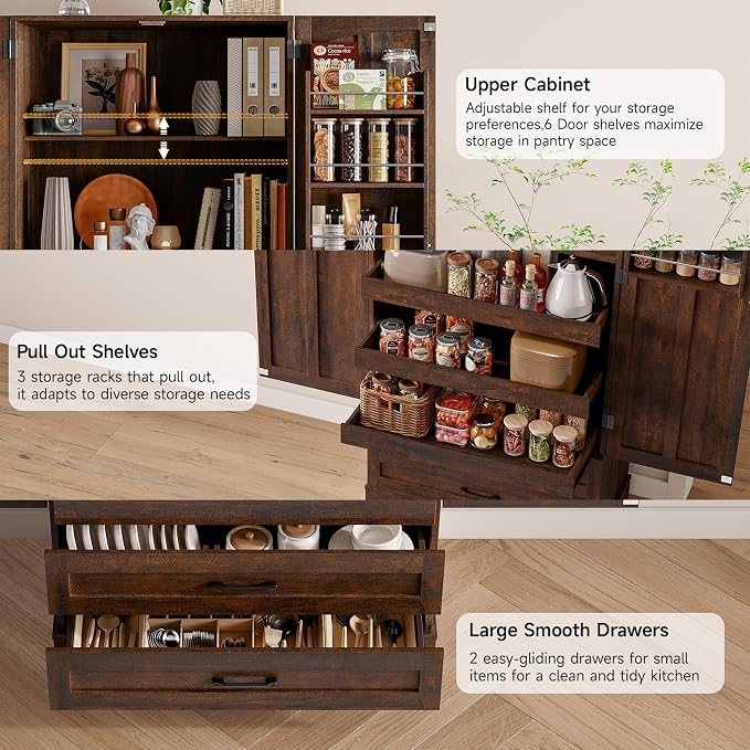71" Tall Farmhouse Kitchen Pantry Cabinet with 3 Pull Out Shelves & 2 Large Drawers, Pantry Storage Cabinet with 6 Door Shelf & Adjustable Shelf, Freestanding Cupboard for Kitchen, Dining Room