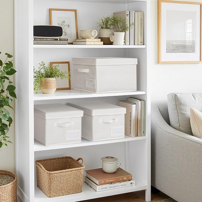 GRANNY SAYS Storage Baskets for Organizing, Linen Closet Shelf Organizers and Storage Containers with Label Holder, Large Storage Bins with Lids for Bedroom, Ivory, 3-Pack