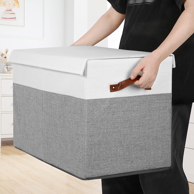 Large Toy Storage Box with Lid, Toy Chest Bin Boxes Basket with Dividers | Sturdy Toy Organizer Bin for Kids, Boys, Girls, Nursery, Living Room, Bedroom, Playroom 25"x13" x16" (Grey and White)