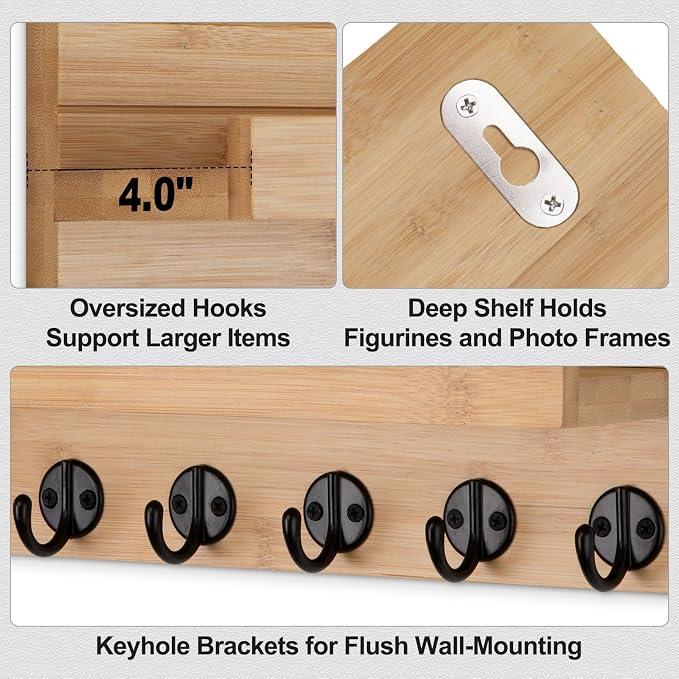 Lwenki Key Holder Wall Mount, Entryway Key and Mail Holder with 7 Sturdy Hooks for Sunglasses, Dog Leash, Decorative Wall Shelf with Mounting Hardware, 15”W x 6.7”H x 4.2”D