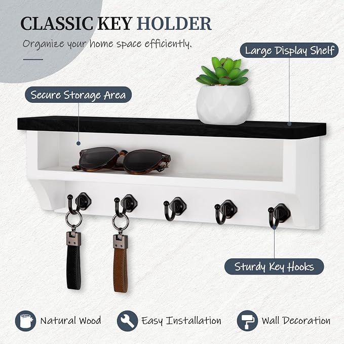 Nekon Key Holder Wall Mount, Wall Organizer Shelf with 5 Key Hooks, Room Decor for Home and Apartment Essentials, Black and White