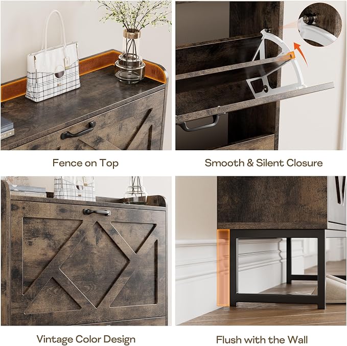 Nicetree Shoe Cabinet with 2 Flip Drawers, Entryway Organizer, Chestnut | Slim Wood Shoe Rack with Metal Legs, Farmhouse Shoe Cabinet Storage for Entryway, Foyer, Hallway, Shoe Dresser with Hook