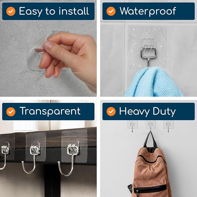 Adhesive Wall Hooks for Hanging, Heavy Duty No Drill, 22 lbs, 18 Pack | GLUIT Adhesive Wall Hooks for Hanging, Transparent Waterproof Sticky Towel Hook for Bathroom Kitchen Home Outdoor