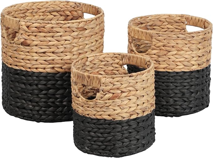 happimess Avery 3-Piece Cylinder Nesting Baskets 13", Black/Natural | Hyacinth, Bohemian Cottage Style, Handwoven Wicker, Iron Metal Frame, Decorative Storage For Toys And Books, Built In Handles