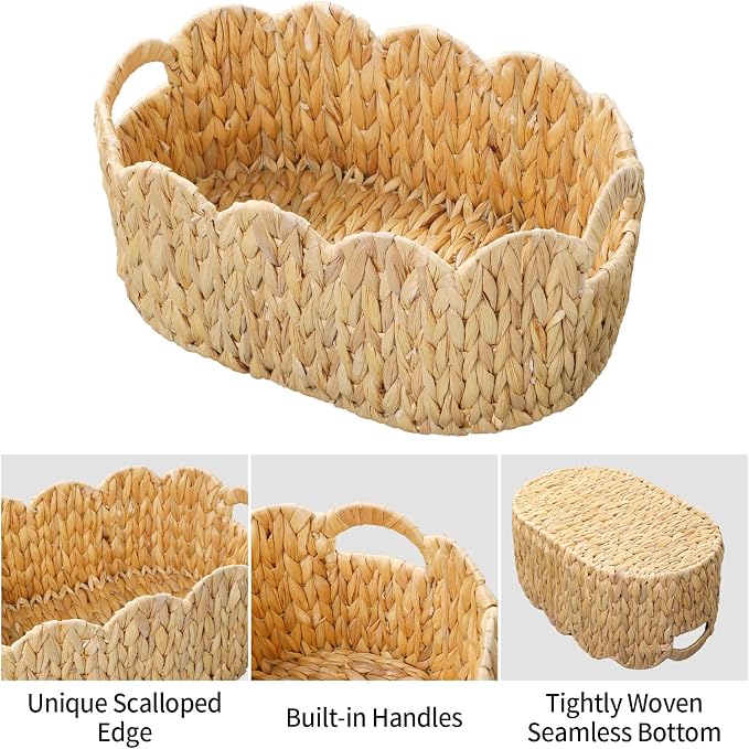 Coeusy Scalloped Basket Set of 2,Water Hyacinth Basket for Organizing and Decor,Hand-Woven Wicker Storage Baskets with Built-In Handles for Nursery,Gift
