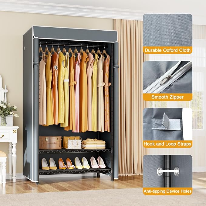 H5C Clothes Rack with Cover, Covered Clothing Rack Heavy Duty | Garment Rack with Shelves, 3-Tier Portable Closets for Hanging Clothes, Max Load 360LBS, Black Closet Racks with Gray Cover