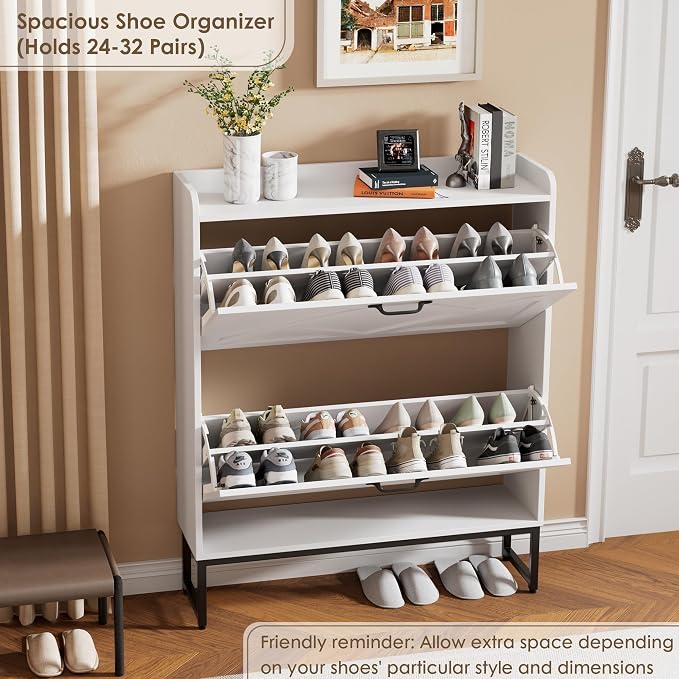 Nicetree Shoe Storage Cabinet with 2 Flip Drawers, Entryway Cabinet, White | Slim Shoe Cabinet with Metal Legs, Narrow Farmhouse Shoe Organizer for Entryway, Foyer, Hallway, Wood Shoe Rack with Hook