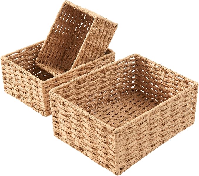 Small Wicker Basket for Organizing, Woven Storage Basket Sets of 3 | Handwoven Natural Paper Rope Baskets to Declutter Any Room, Perfect for Organizing and Home Decor