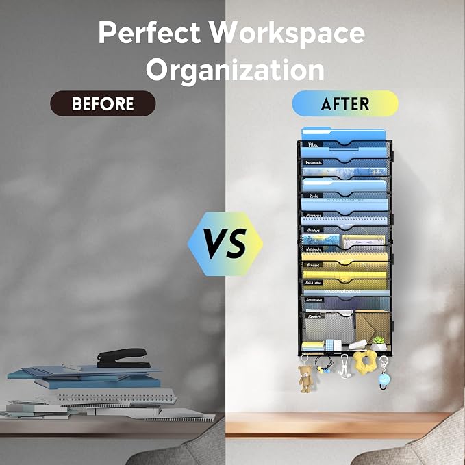 12-Tier Wall File Organizer with Hooks, Hanging File Organizer | Metal Mesh Mail Organizer, Wall Mounted File Organizer for Home, Classroom, Office Organization