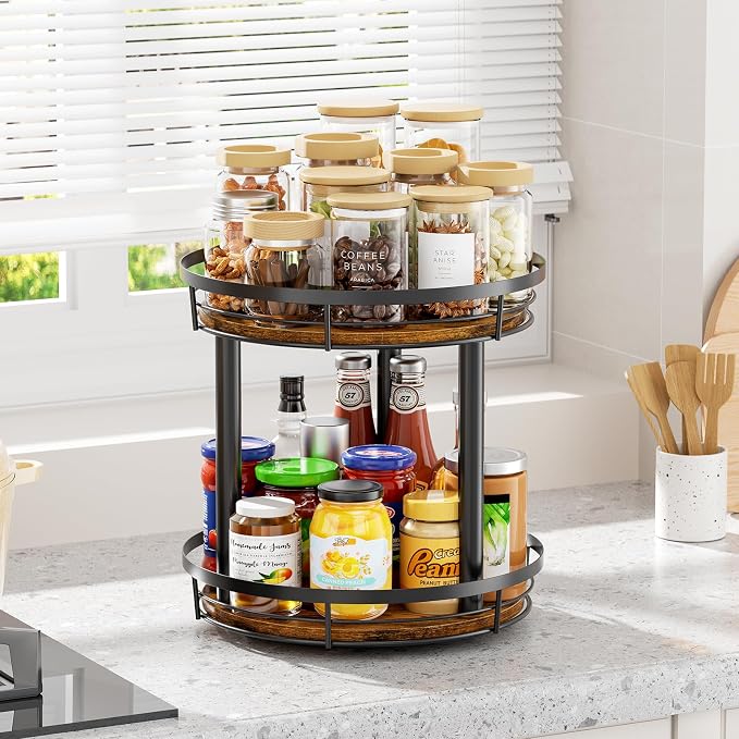LAMU 10'' Wood Lazy Susan Spice Rack Organizer, 2 Tier Spice Organization for Cabinet, Countertop, Kitchen, Table Top, Pantry, Condiment and Seasoning Rack Organizer