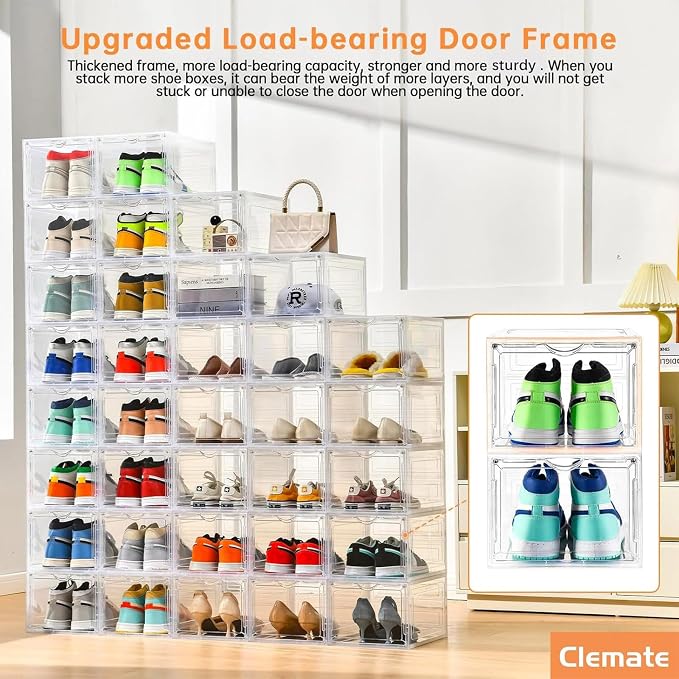 Clemate Upgraded X-Large Shoe Organizer,Shoe Storage Organizer,12 Pack,Shoe Box Clear Plastic Stackable,Drop Front Shoe Box with Clear Door, Shoe Containers For Sneaker Display,Fit up to US Size12