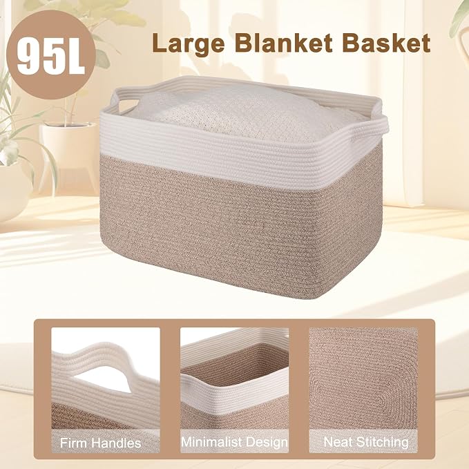 OIAHOMY Extra Large Blanket Basket, 95L Cotton Rope Woven Laundry Basket, Toy Bin for Baby Room, Container for Blanket Storage in Living Room, 24''×17''×14'', Brown & White