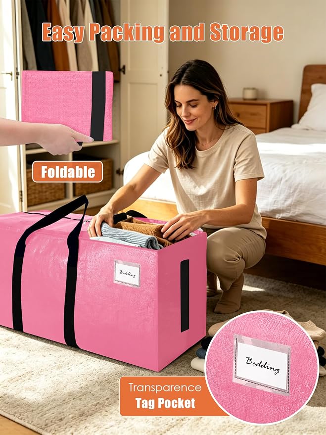 SWEET DOLPHIN 8 Pack 200LB Heavy-Duty Moving Bags with Wrap-Around Handles, Extra Large Storage Totes for Space Saving, Clothes Storage Bags, College Dorm Essentials, Pink, 24 Gal