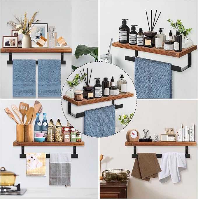 Hand Towel Holder/Towel Ring with Wooden Shelf, Hand Towel Rack, Hand Towel Hanger for Bathroom, Bath Accessories Wall Mounted, (Matte Black, 12"-Squ Shaped)