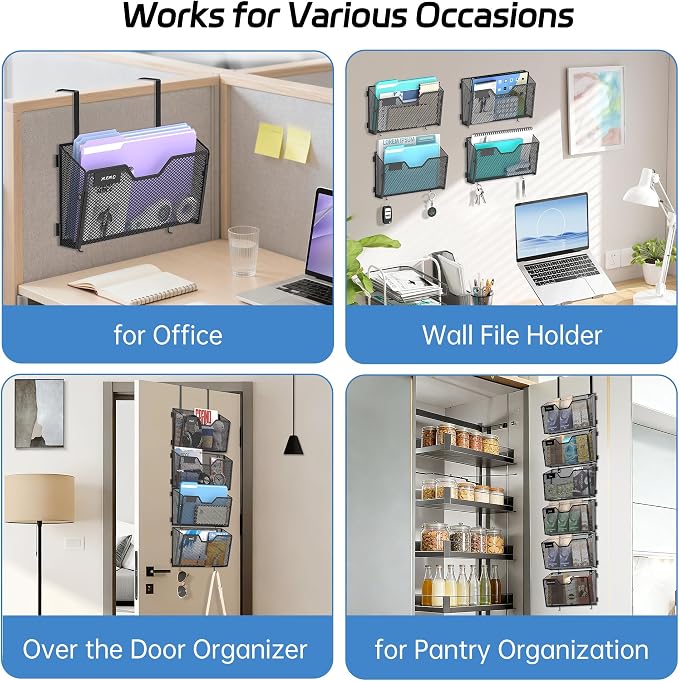 Wall File Organizer, 6 Pack Metal Wall File Holders, Black | Wall organizer with mesh pockets, label panels and hook or screw mounting for A4 and letter files at home, office or school