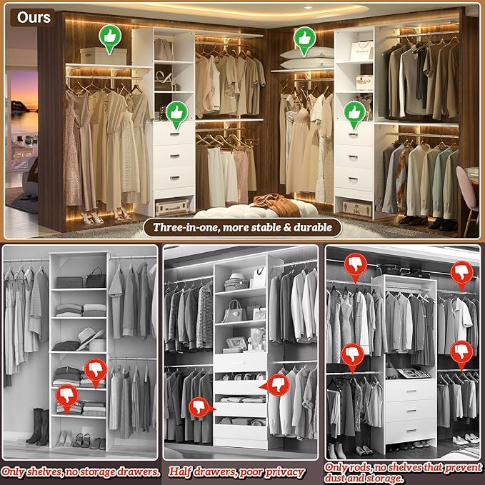 iSunirm 8FT Closet System, 96'' Closet Organizer System with 3 Hanging Rods, Wall Mount Bedroom Wardrobe with 3 Drawers Walk-in Closet, Adjustable Cloth Garment Rack from 5 to 8FT (Cut to Fit), White