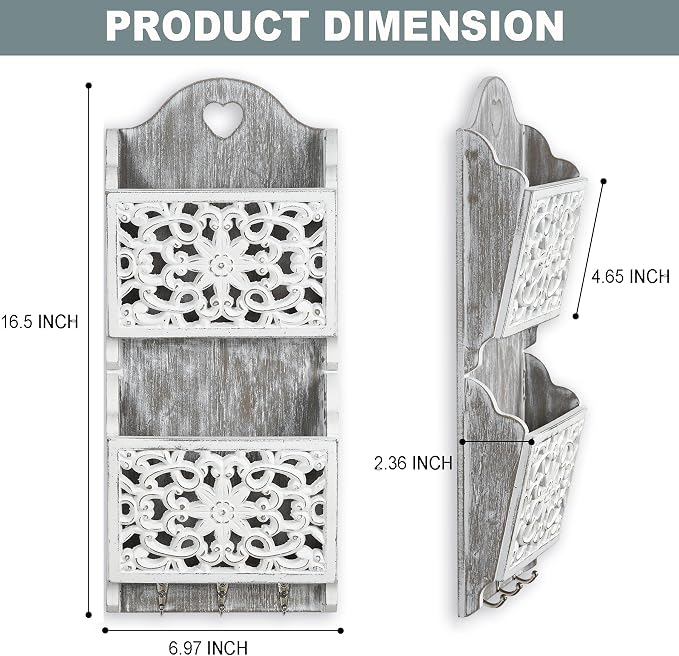 Key and Mail Holder for Wall Mail Holder for Wall | 2-Slot Mails Organizer with 3 Hooks, Key Hangers Rustic Wooden Walls Organizers for Letter Magazines