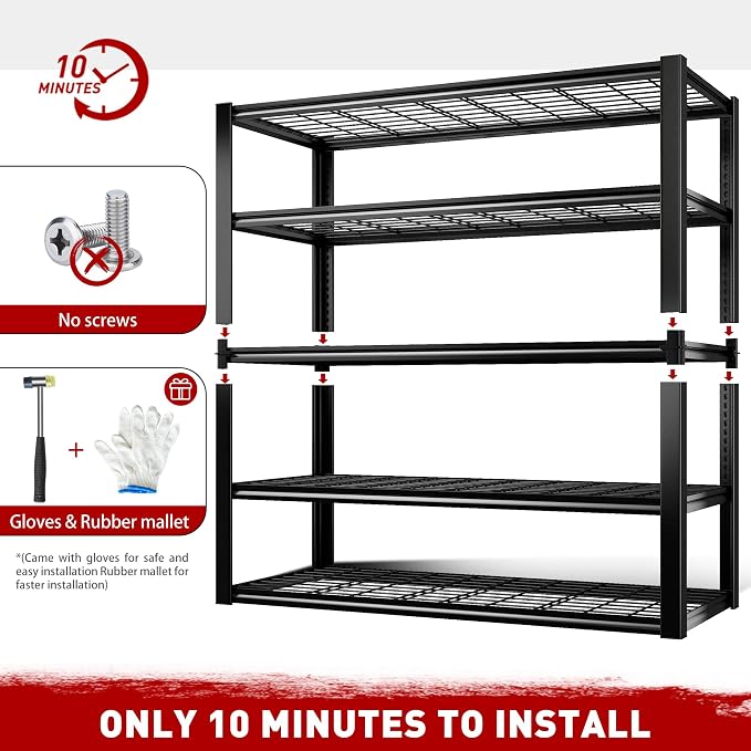 REIBII 48.2" W Storage Shelves for Garage, Adjustable Garage Shelving | 48.2" W x 24.5" D x 72" H, 5 Tier Metal Shelving, 3010LBS Load Capacity, Rust-Resistant Coating, 10-Minute Assembly