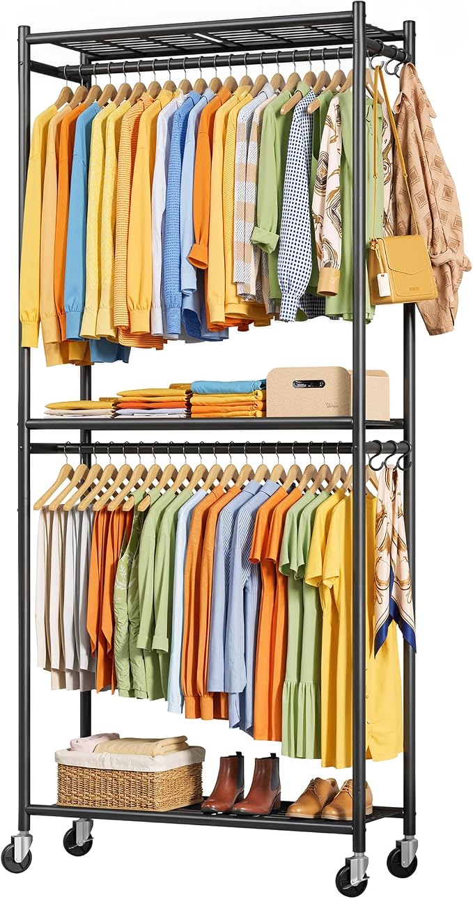 Sakugi Clothes Rack - 33.0" x 12.2" x 79.5" Clothing Rack with Shelves & Wheels, Multi-Functional Wardrobe Closet with Hooks, Sturdy Metal Garment Rack for Bedroom, Laundry, Balcony (Black)