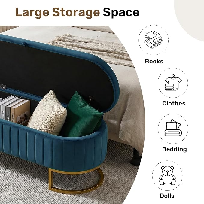 51" Velvet Storage Ottoman Bench End of Bed for Bedroom Entryway Dark Blue