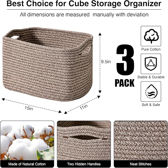 ICERZCZ Storage Baskets for Organizing Shelves, Woven Cotton Rope Bins for Baby Nursery Organization, Book Toy Towel Organizer, 15"x11"x9.5", 3 Packs, Dark Brown