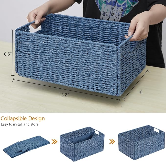 Vagusicc Wicker Storage Basket, Set of 2 Hand-Woven Paper Rope Wicker Basket, Small Storage Baskets for Organizing Toilet Paper, Foldable Large Cube Storage Organizer Bins for Shelves (Blue)