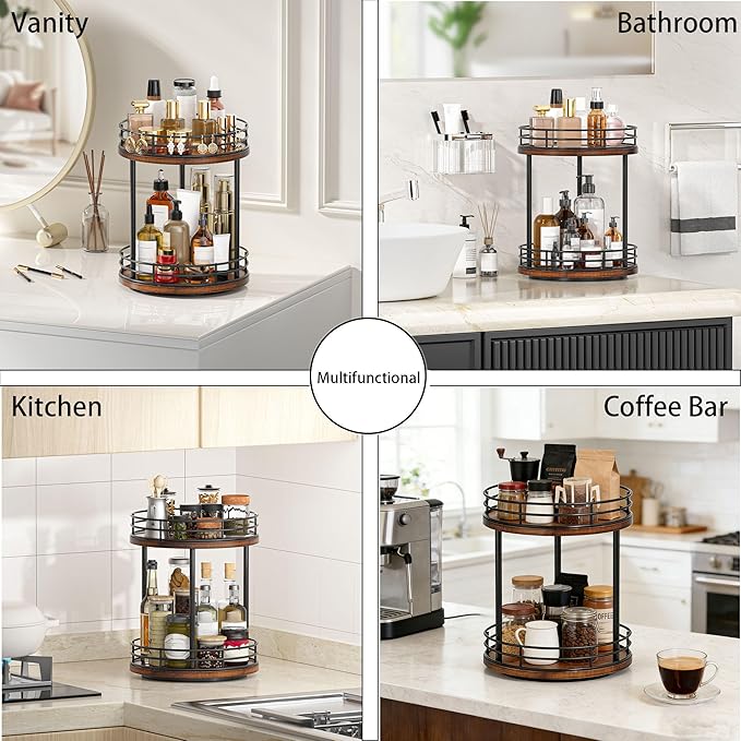2-Tier Rotating Bathroom Countertop Organizer, Wooden Makeup Vanity Storage, Multifunctional Lazy Susan Turntable for Skincare, Perfume and Cosmetics (Brown)