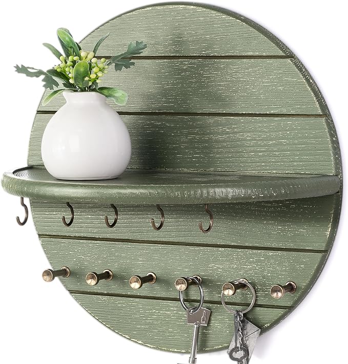Rebee Vision Round Key Holder Wall Mount with 11 Hooks for Hallway, Green | Pine Wood, Round Corner, 2 Kinds of Key Hooks, Plant & Mail Display, Rustic Home Essentials, Entryway Wall Decor