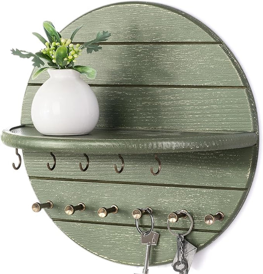 Rebee Vision Round Key Holder Wall Mount with 11 Hooks for Hallway, Green | Pine Wood, Round Corner, 2 Kinds of Key Hooks, Plant & Mail Display, Rustic Home Essentials, Entryway Wall Decor