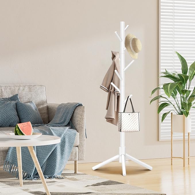 8-Hook Freestanding Coat Rack 3 Adjustable Heights Sturdy White | Easy Tool-Free Setup,Ideal for Entryway Bedroom Hallway Office,Holds Clothes Hats Handbags,Space-Saving Vertical Design