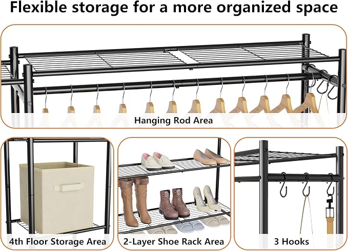 Wardrobe Closet,Portable Clothes Rack with 4 Tiers Shelves,Freestanding Closet Organizers and Storage System with Hanging Rods,Steel Clothing Rack Suitable for Cloakrooms,Bedrooms,Entrances,etc.Black