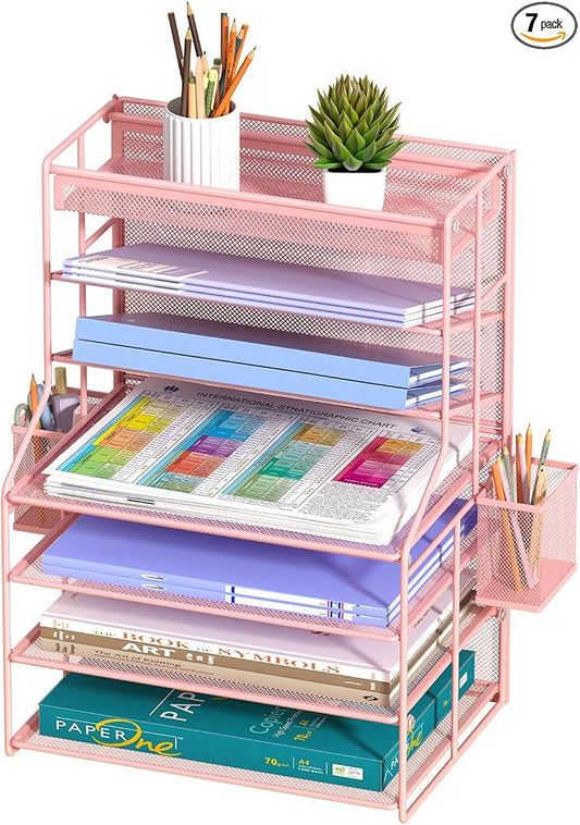 Pink 7 Tier Desk File Organizer, Metal Letter Tray Paper Organizer with Pull-Out Drawer, Removable Pen Holder & Hanging Basket, Vertical Desktop File Holder for Home Office, Classroom
