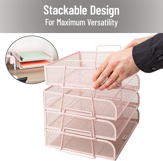 Mind Reader Stackable Paper Tray, Desktop Organizer, File Storage, Office, Metal Mesh, 4 Pcs., Pink